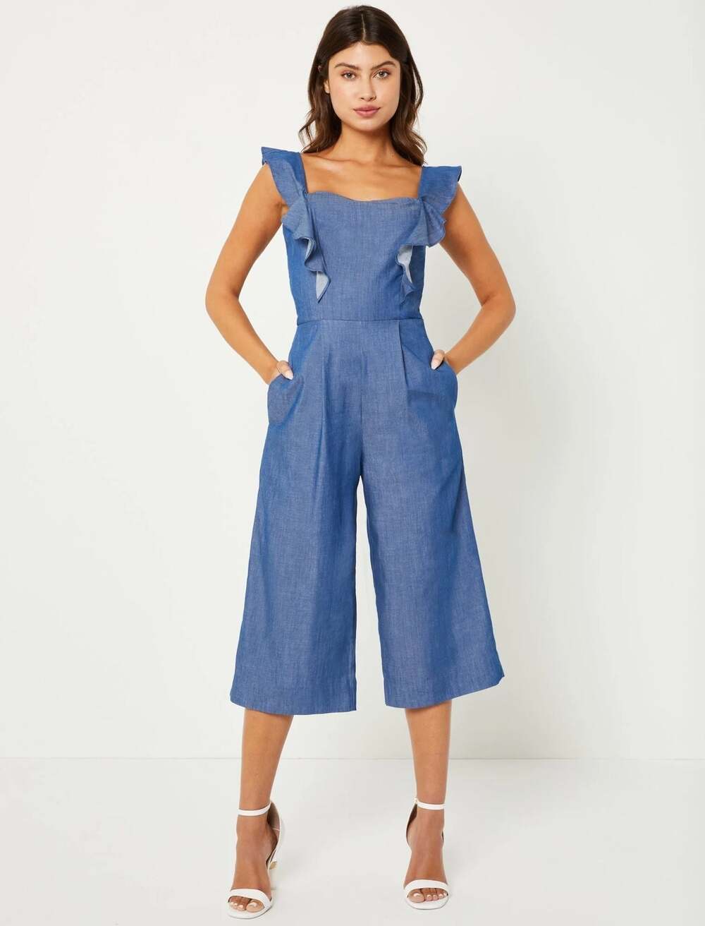 BCBGeneration Women's Denim Blue Woven Ruffle Sleeve Jumpsuit